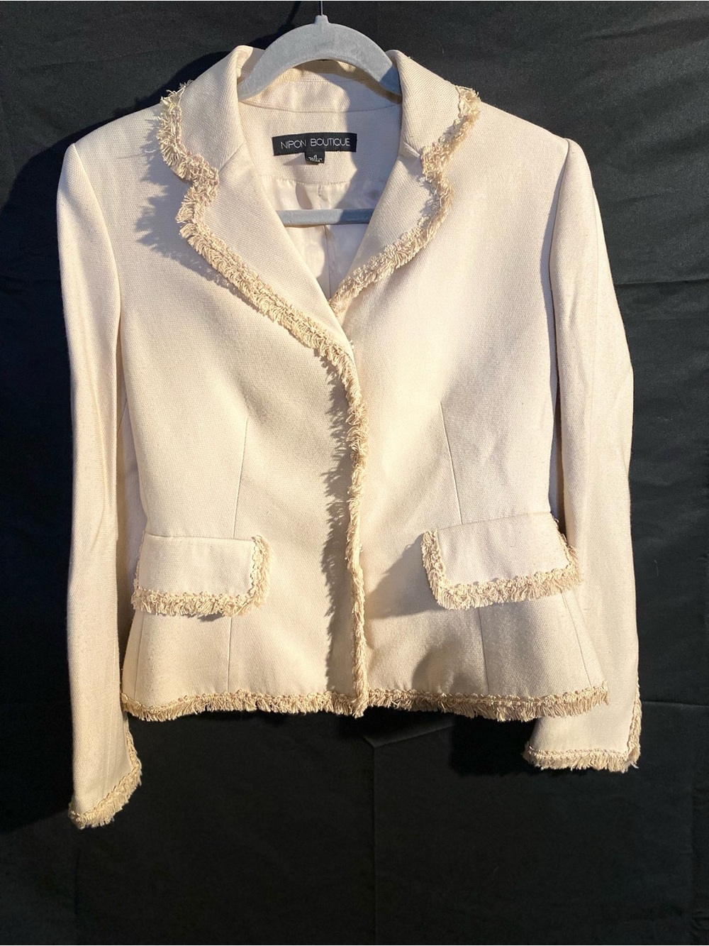 Nipon Boutique Cream Fringe-Trim Blazer Jacket
